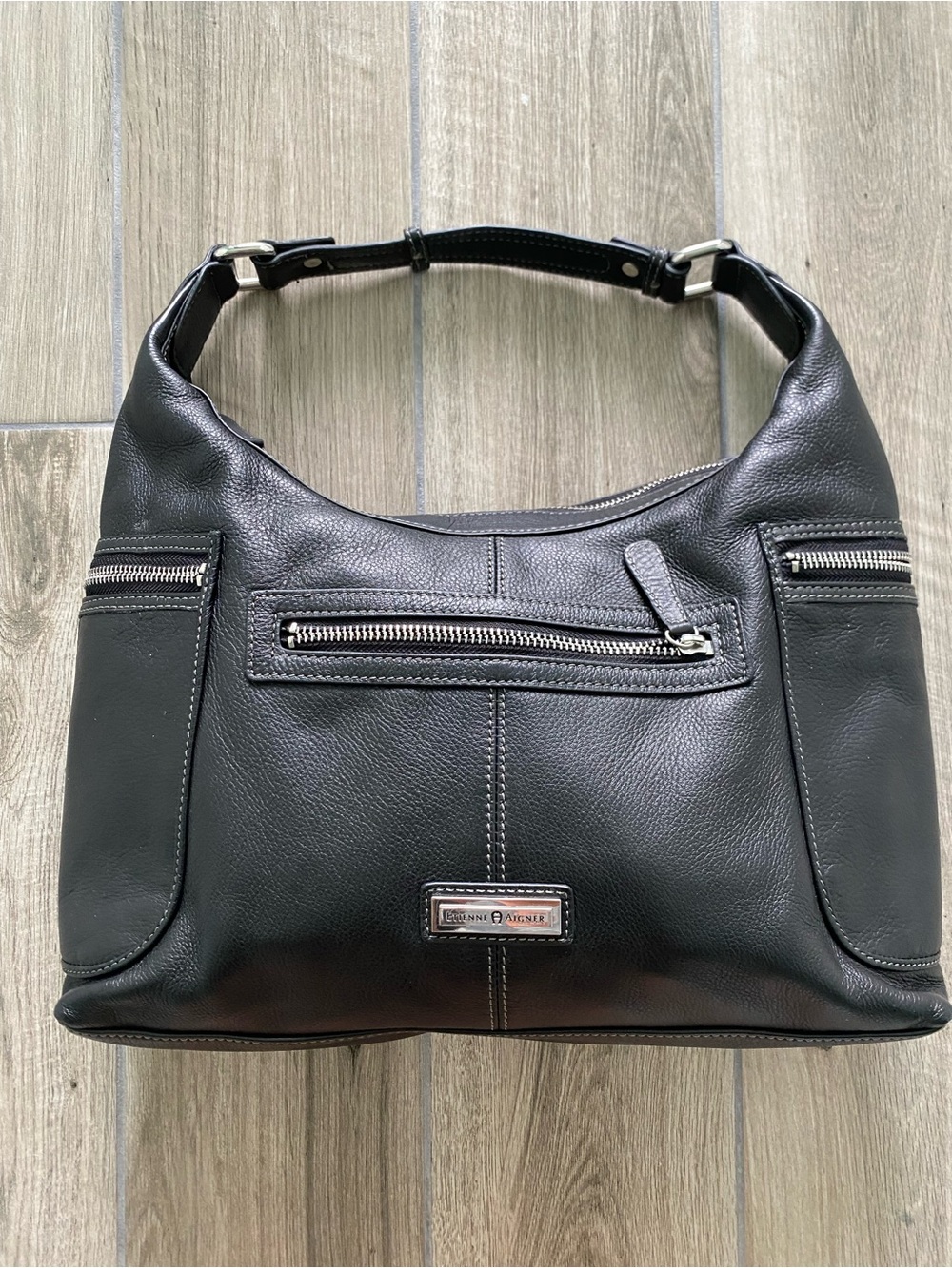 Etienne Aigner Black Leather Shoulder Bag with Silver Hardware